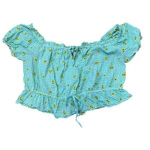 Asos Cropped Top Teal Gingham Yellow Sunflowers Peasant Sz 20 Off Shoulder